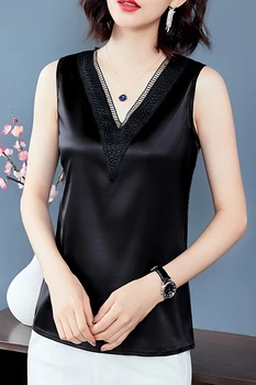 Korea moda jedwab kobiety Rękawów koronki Satyna bez rękawów damskie bluzki plus rozmiar XXXL czarne topy dla kobiet