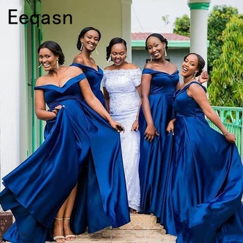 Królewski niebieski długie sukienki dla kobiet 2020 strony Split V szyi A-line tanie pod 100 druhna sukienka na zamówienie