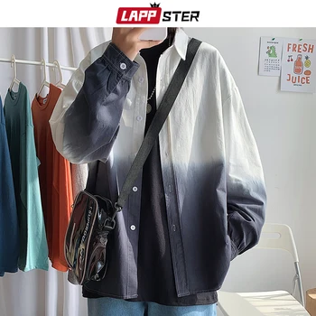 LAPPSTER Men Tie Dye Harajuku Shirt Long Sleeve 2020 jesień негабаритная biała koszula na guziki Uliczna moda vintage koszula
