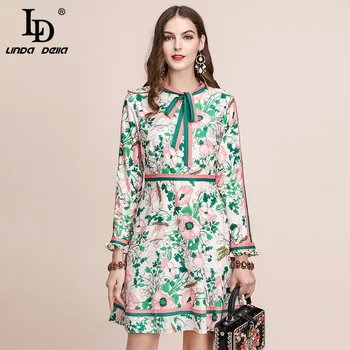 LD LINDA DELLA jesienna moda lądowisko sukienka z długim rękawem damska talii kołnierz wielokolorowy kwiatowy print vintage elegancka sukienka 2019