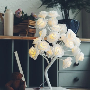 LED White Rose Flower szafka nocna sypialnia lampka nocna lampa stołowa Home Decor Simulation Christmas Tree Wedding Party(EU Plug)