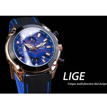 LIGE nowa moda niebieski czarny mężczyźni luksusowy zegarek kwarcowy zegarek silikonowy pasek wodoodporny Chronograf Sportowy zegarek świetlny mężczyzna data zegar