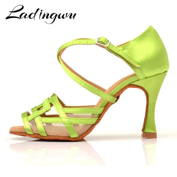 Ladingwu Dance Shoes Women Salsa Dance Shoes Light Green Satin Latin Dance Shoes geometryczne wzory projekt miękkiego dna