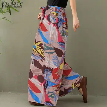 Lato casual elastyczny pas панталон drukowanych Palazzo ZANZEA kobiety szerokie spodnie zasznurować kieszenie vintage spodnie plus rozmiar 5XL