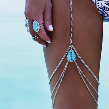 Lato plaża Niebieski Kamień łezki pędzel noga obwód uda ciało łańcuch dla kobiet, vintage, metalowe, biodra obwód talii biżuteria prezent