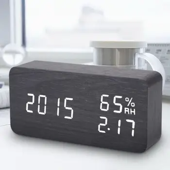 Led drewniany budzik zegar na biurko sterowanie głosem temperatura wilgotność salon wyświetlacz planszowe alarmy wystrój domu