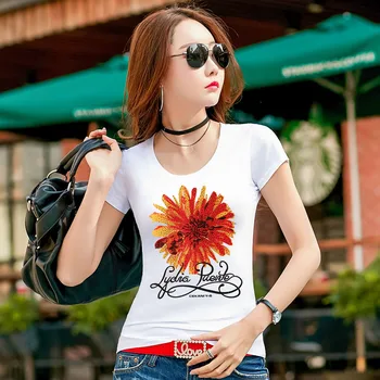 Letnie Kobiety Koszulka Bawełna Kwiat List Cyrkonie Drukowane Koszula O Neck Z Długim Rękawem T-Shirt Miękkie Codzienne Cienkie Bluzki Plus Size