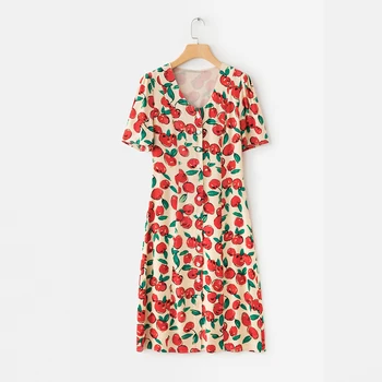 Letnie sukienki codzienne z krótkim rękawem, V-neck Slim fruit print dress Vestidos