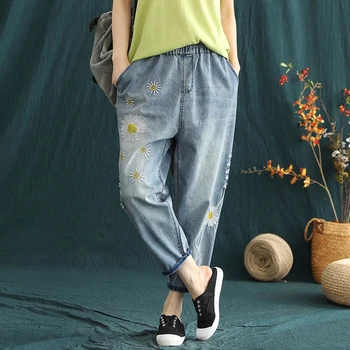 Letnie sztuki styl kobiety elastyczny pas temat podarte dżinsy Kwiatowy haft stare bawełniane телячьи denim spodnie S973