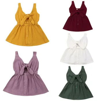Lioraitiin 5Colors 0-4Years Baby Girl Summer Dress Solid Sleeveless Bow V-neck Dress bawełna pościel przycisk A-line urocze sukienki