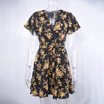 Lossky kobiecą sukienkę z kwiatowym nadrukiem serek z krótkim rękawem bowknot krótkie sukienki mini-motyl rękaw sukienkę elegancki 2019