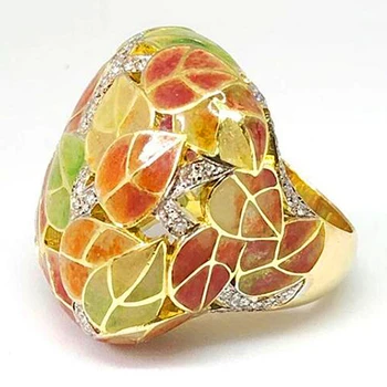 Luksusowe liści zielony żółty pierścień dla kobiet złoty kolor vintage liście jubileuszowy prezent eleganckie pierścionki na palce biżuteria O4T411