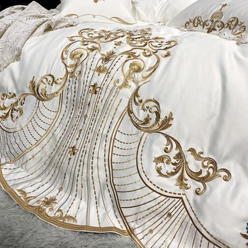 Luksusowy złoty haft 600TC satynowa bawełna jedwab Europa zestaw pościeli Queen King kołdrę zestaw pościeli koronki łóżko spódnica poszewka