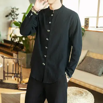M-5XL rozmiar plus rocznika męskie biurowe koszule z długim rękawem chiński kołnierz однобортные lniane koszule dla mężczyzn jesień odzież uliczna