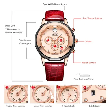 MEGIR Women Fashion Red Quartz Watch Lady Chronograph Leather wysokiej jakości dorywczo wodoodporny zegarek luksusowy prezent dla żony