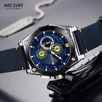 MEGIR niebieski kwarc męskie zegarki top marki Skórzany pasek, Chronograf Sportowy zegarek zegarki męskie Relogio Masculino Reloj Hombre