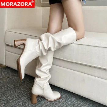 MORAZORA 2020 duży rozmiar sprzedaż kolana wysokie buty moda buty na obcasie buty damskie zima kolorem damskie buty czarny morela