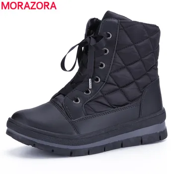 MORAZORA 2020 nowe zimowe buty śniegu zasznurować jednolity kolor wełny grube futro płaskie botki Damskie modne buty na platformie