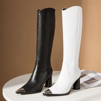 MORAZORA 2020 nowy przyjazd mody kolana wysokie buty grube, wysokie obcasy peep toe buty damskie ze skóry naturalnej buty czarny biały