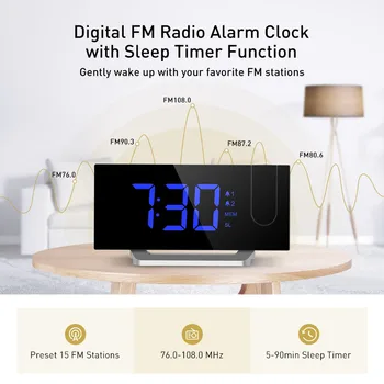 MPOW LED FM zegar Projekcyjny 2 alarm wielofunkcyjny zakrzywiony ekran 5 poziomów jasności wyświetlacza 4 regulowanych dźwięku budzika Wekker