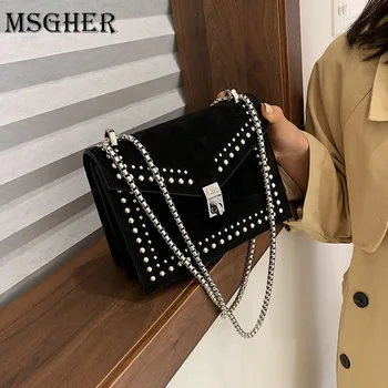 MSGHER Scrub Small Leather torba na ramię Messenger Bag For Women 2020 Chain Rivet Lock Crossbody Bag Female Travel Mini Bag