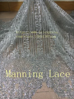 Manning-88049 drukuj ręcznie klejone genialny siatka tiul afrykańska koronki tkaniny do sukni ślubnej srebrnego i złotego koloru