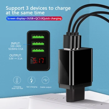 Marjay Digital Display Phone Charger 3 Port USB 3A Max Smart Fast Travel Charger Wall Charger adapter do iPhone Samsung Xiaomi