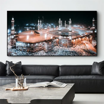 Meczet Mekka Nocny widok na płótnie obrazy na ścianie artystyczne plakaty i druki Kabe Mekke Islamic Art Picture for Living Room Decor