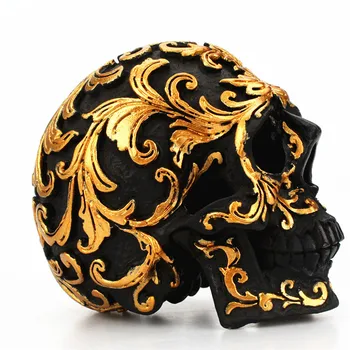 Mini żywica czaszka ozdoba głowy rzemiosło Halloween 3D złoto z czarnymi czaszkami wystrój domu partii czaszki statuetki miniatury