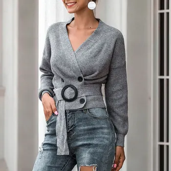 Missord Sexy Głębokie V Slim Waist sweter z długim rękawem z dzianiny jednolity skrócony sweter, bluzki dla kobiet z pasem MS083