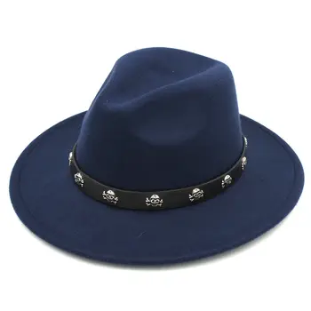 Mistdawn Fashion Men Women Wool Blend Panama Hats Wide Rondem Fedora Caps Skull Charms Leather Band Size 56-58cm