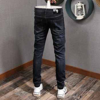 Moda Uliczna Męskie Jeans Czarny Niebieski Wysoka Jakość Czaszki Łaty Projektant Podarte Dżinsy Mężczyźni Punk Spodnie Hip-Hop Dżinsy Homme