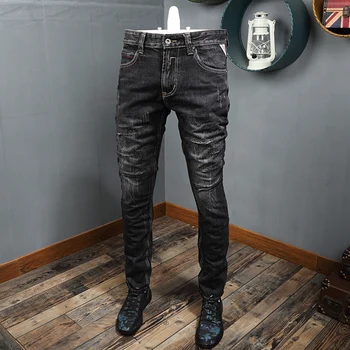 Moda Uliczna Ubrania Męskie Jeans Wysokiej Jakości Czarny Szary Kolor Rocznika Projektant Slim Fit Podarte Dżinsy Mężczyźni Hip-Hop Spodnie Jeans Hombre