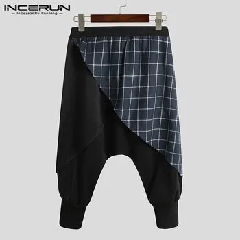 Modne patchwork spodnie INCERUN mężczyźni elastyczny pas spodnie wypoczynek komórkowe luźne spodnie retro temat spadek krocza majtki