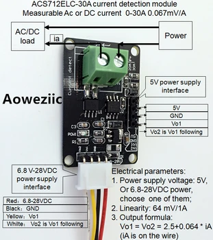 Moduł wykrywania prądu ACS712ELC-30A mierzony prąd stały lub zmienny prąd 0-30A 0,067 mv/a