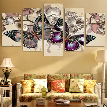 Modułowa HD drukowanie na płótnie zdjęcia, pokój dzienny ściany sztuki ramki 5 szt. kwiaty motyle wzory dekoracji wnętrz zwierząt plakaty