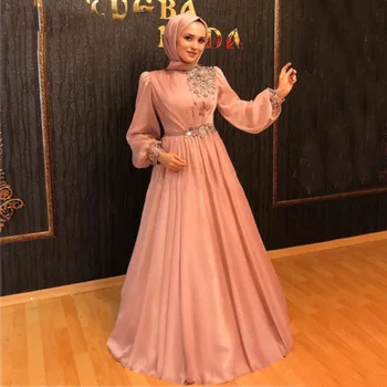 Muzułmańscy Suknie Wieczorowe 2020 Szyfon Sukienka Na Studniówkę Robe De Soiree Abaya Bliski Wschód Arabski Z Długimi Rękawami Formalne Suknie Wieczorowe