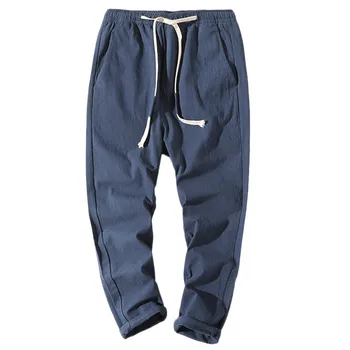 Męskie bawełniane, lniane bezpośrednie temat spodnie casual męskie pasek jednolity kolor kieszeni spodnie dresowe fitness jogging spodnie