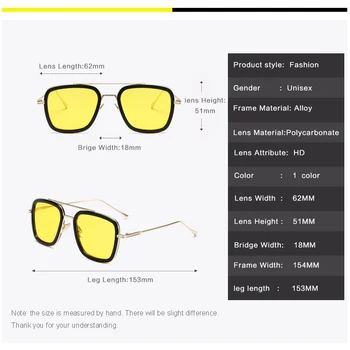 Męskie kwadratowe okulary noktowizyjne Mężczyźni Kobiety żółte soczewki Tony Stark / Iron Man Driving Okulary Male Retro UV400 Eyeglasses