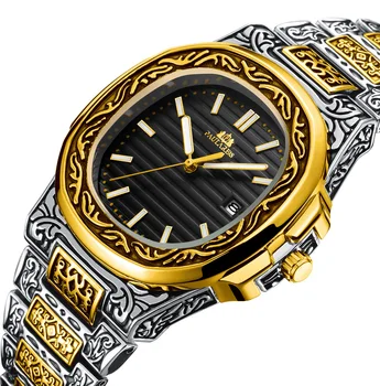 Mężczyźni rzeźbione rocznika rocznika świecące różowe złoto, żółte złoto srebro 2 kolory moda niebieski szary kawy moda zegarek kwarcowy luksusowe zegarki