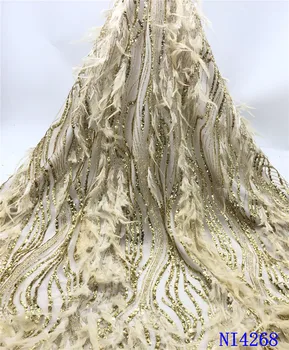 NI.AI afrykański francuskie pióro tiul koronki tkaniny wysokiej jakości zielone cekiny Embroiderey siatki koronki tkaniny do ślubu NI4268