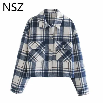 NSZ Women England Style oversize Plaid Cropped Shirt Top Coat Checked Long Sleeve Fall Fashion Overshirt Jacket kurtki