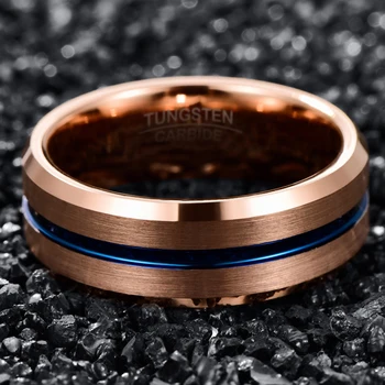 NUNCAD 8 mm szerokość węglika wolframu pierścień pełne różowe złoto + niebieski kąt rowka pierścionek zaręczynowy przycisk stalowy pierścień męski pierścień