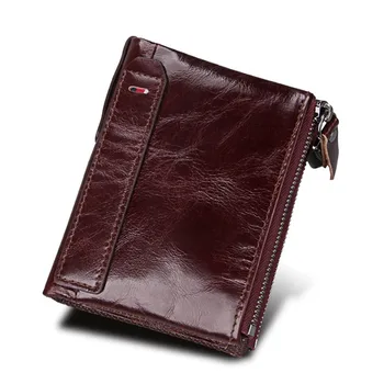 Naturalna skóra bydlęca RFID męskie portfele podwójny zamek krótkie portfele uchwyt karty, kieszeń na Monety Vintage wysokiej jakości marki męskie portfele