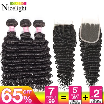 Nicelight 4 szt./lot brazylijskie ludzkie włosy krótkie wiązki z zamknięciem Non-Remy Hair Extensio Deep Wave 4x4Lace zamknięcie z kiści