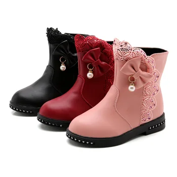 Nowe buty dla dzieci buty dla dziewczynki zimowa moda koronki obuwie dziecięce, buty zimowe ładny łuk ciepłe buty dla dzieci
