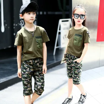 Nowe letnie chłopcy kamuflaż wojskowy treningowy zestaw dziecięcy t-shirt z krótkim rękawem 2 szt. zestaw