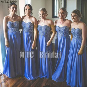 Nowe niebieskie sukienki długie linia kochanie koronki szyfonu Sexy Women Dress Plus Size Maid of Honor Party Dress