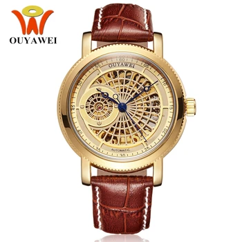 OYW marki Self Wind Man Mechaniczny zegarek Hombre Relogio Masculino luksusowe złote szkielet tarcza Skórzany pasek zegarek sukienka prezenty
