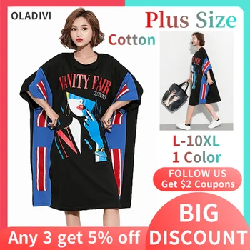 Oladivi plus rozmiar codzienne bawełniane sukienki dla kobiet 4XL 5XL 6XL 7XL 8XL 9XL 10XL oversize modne nadruki t-shirt sukienka Letnia tunika